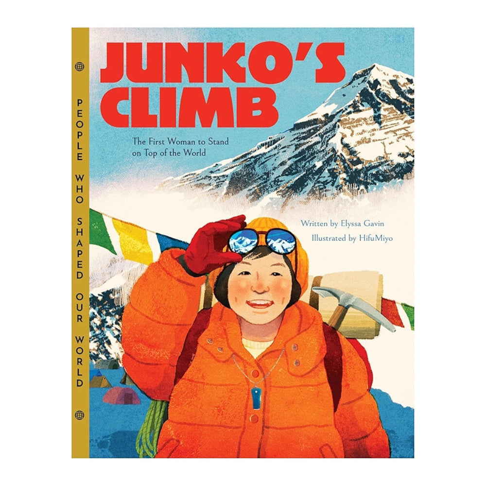Cartoon cover illustration of woman climbing mount everest