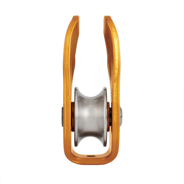Metallic pulley system on a white background