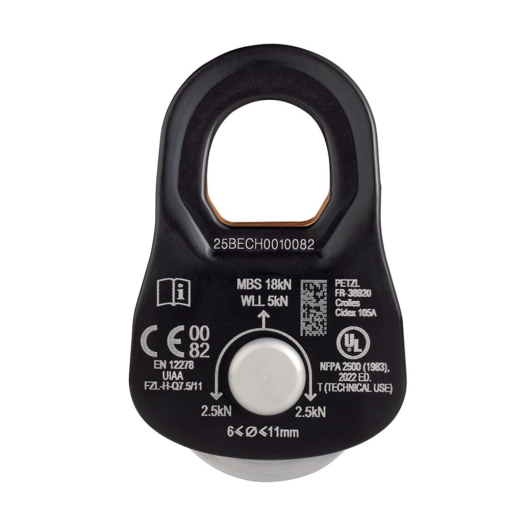 Black pulley system with technical specifications on a white background