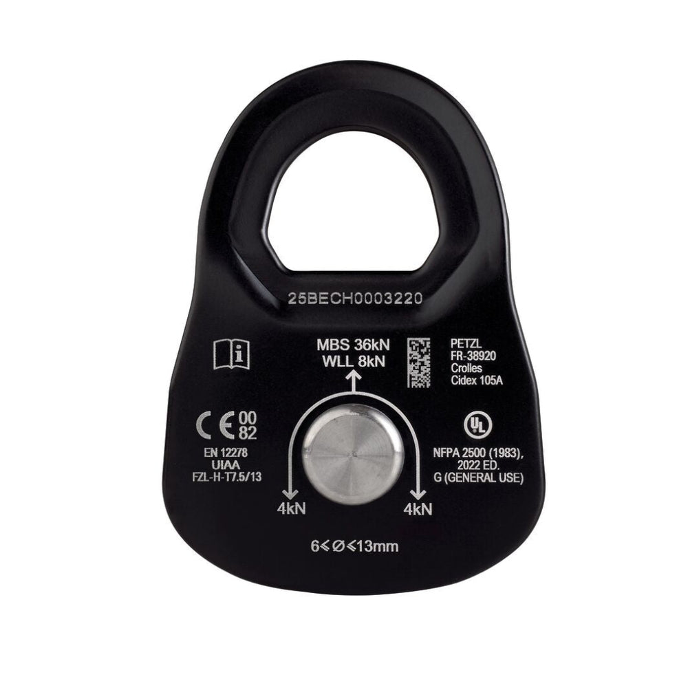 backview of climbing pulley with technical specifications on a white background