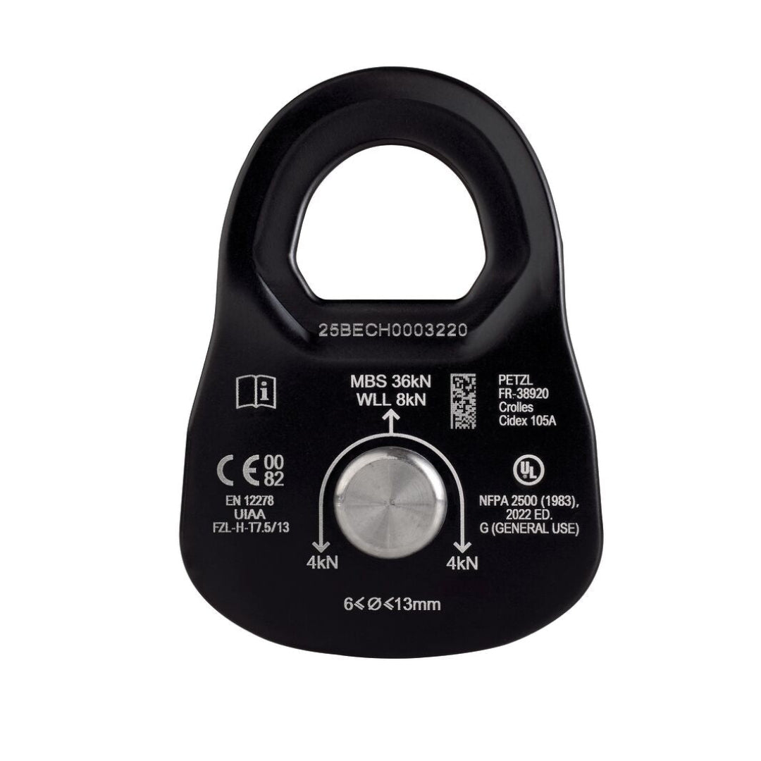 backview of climbing pulley with technical specifications on a white background