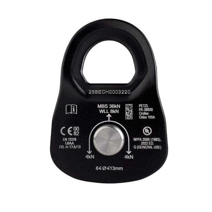 backview of climbing pulley with technical specifications on a white background