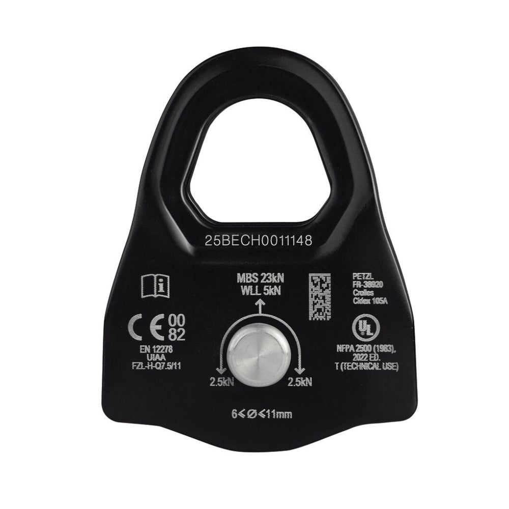 Black pulley system component with technical specifications