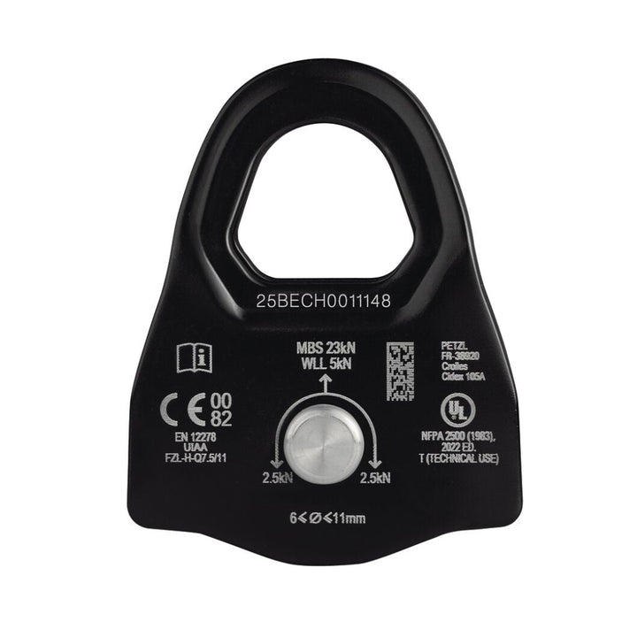 Black pulley system component with technical specifications