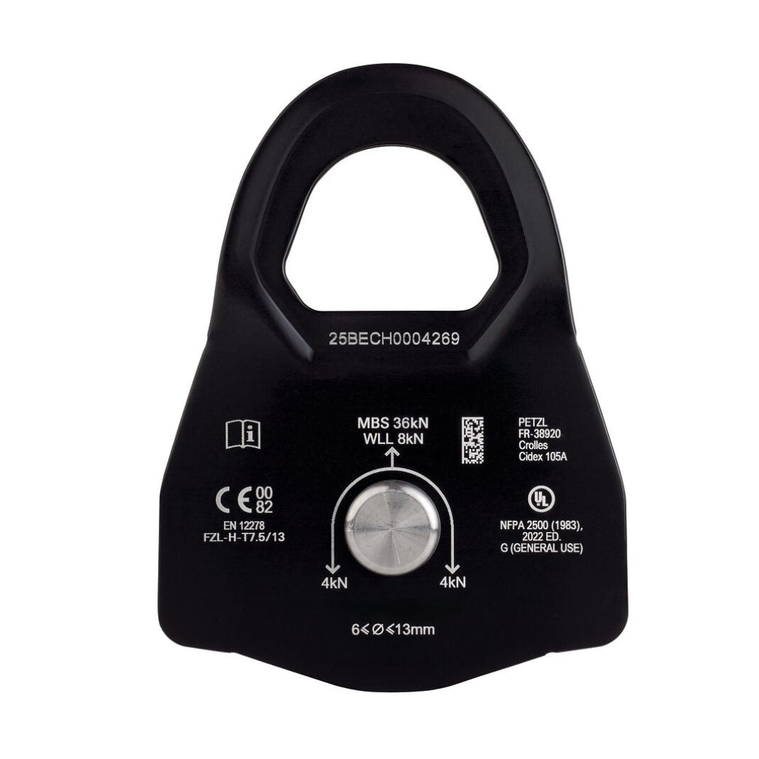 Black pulley system component with technical specifications