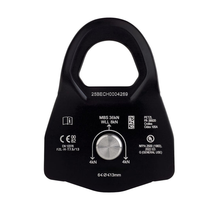 Black pulley system component with technical specifications