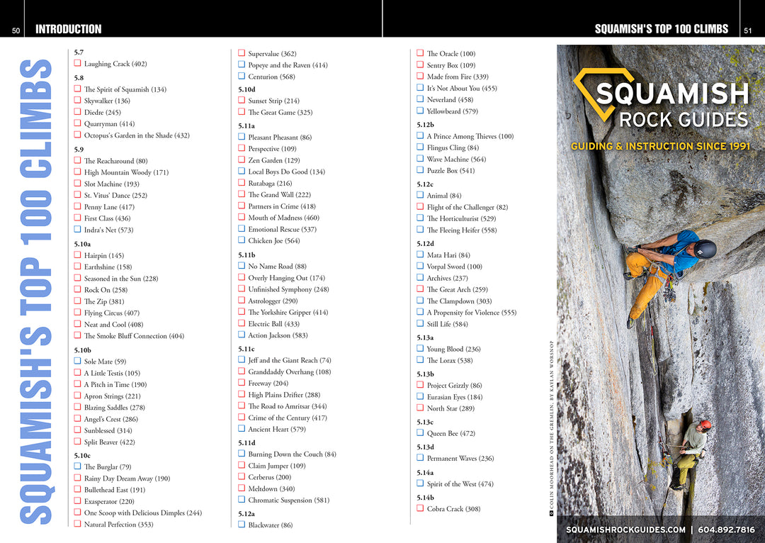 A printed guidebook spread titled 'Squamish's Top 100 Clims' with dense text columns, a black header, and a climbing scene on the right page. From Marc Bourdons 2026 rock climbing guidebook "Squamish Select"