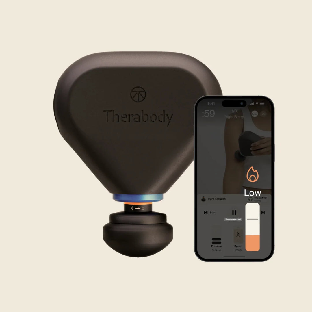 Black Therabody device with a smartphone displaying app interface on a light gray background