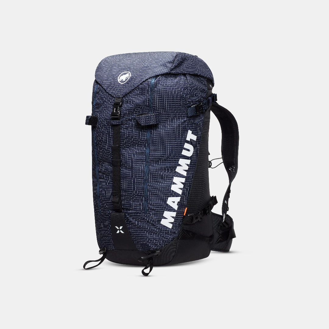 Black backpack with Mammut logo on a light gray background